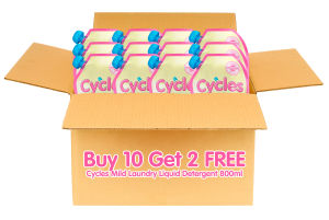 Cycles Mild Laundry Liquid Detergent 800mL - Buy 10 Get 2 FREE. Save Php 558