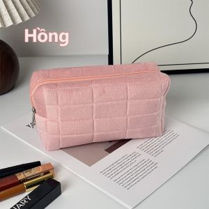 Túi đựng mỹ phẩm vải nhung màu trơn sang trọng dung tích lớn có ngăn bút riêng tiện cho học sinh