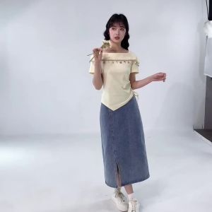 AMMIN 2025 Summer New Simple Round Neck Fashion Irregular Hem Ruched Elastic Waist Cotton T-Shirt for Women Korean Style Exquisite Lace Beaded Edge Patchwork Design Short Sleeve Elegant Blouse