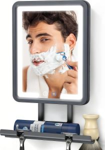 LED Shower Mirror Fogless for Shaving - Heated Fog Free 3 Dimmable Lights 360 °   Adjustable Rechargeable Drill Free - with Storage Tray Razor & Shaving Brush HoldersGifts for Men Black