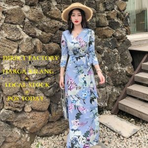 UNNA Women Maxi Dress Floral V-neck Lace-up Long Sleeve Vintage Bohemian Beach Ladies Wrap Dresses