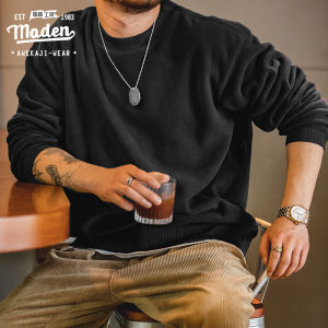 MADEN brand tooling style 2025 autumn new men youth Japanese retro black round neck fleece sweater with warm male academic sweater