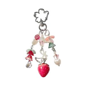 Móc khóa dâu tây Hợp kim kẽm với mặt dây chuyền hoa đính cườm hoa Phụ kiện túi thủ công Móc chìa khóa phụ kiện ví