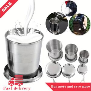 [COD] 250ml Stainless Steel Folding Cup Outdoor Travel Camping Portable Collapsible Water Cups With Keychain Retractable Teacups