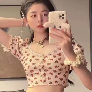 2282024 Summer American R Style Floral Waffle Short Dress T Shirt Woman Square-Neck Puff Sleeve Cropped Top Tide