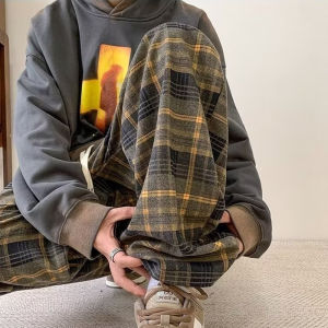 Celana Tartan jumbo pria Celana Kotak kotak retro pria celana gombrang pria baggy pants celana longgar pria Celana panjang cowok keren celana panjang pria kaki lebar Celana kasual pria korea Relaxed Pants