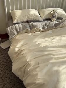 Japanese Style Solid Color Bed Sheet Four-Piece Set Color-Block Washed Cotton Single Double Bedding Student Dormitory Duvet Cover Three-Piece Set LZD