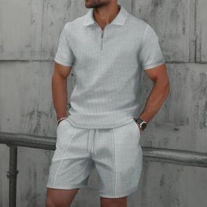 Men Europe and the United States New Summer Waffle Solid Color Zip-Up Lapel Short-Sleeve Suit Shorts Two Sets2026