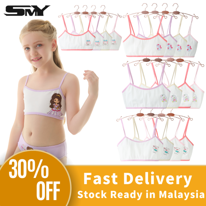 Random 4 Piece】 SMY Girls Training Bra Puberty 8-15 Years Old Soft Cotton  Girl Clothes Breathable Teenagers Underwear Girl Children Girls Camisole 9  Designs Available Cute Cartoon Bras for Girl