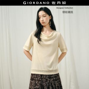 Giordano Women Cowl neck lace inset 1/2 sleeve tee Free Shipping 18326714