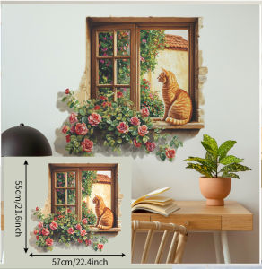 3D Cat Window Wall Stickers 57x55cm Vintage Style Window View Wall Decals with Orange Cat and Rose Flowers Removable Vinyl Mural for Living Room Bedroom Study Room Nursery Office DIY Home Decoration Background Wall Art Stickers