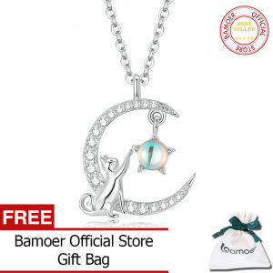 BAMOER Genuine 925 Sterling Silver Cat Moon Cute Animal Pendant Necklace for Women Silver Fashion Jewelry Gift SCN486