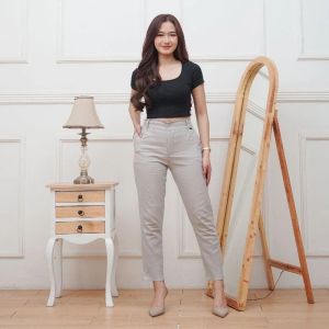 CELANA BASIC PANJANG WANITA RESLETING DEPAN KANCING KAIN TWILL COMBAD STRICH PREMIUM