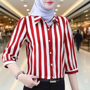 AB [ready stock] Long Stripe Women Blouse Women Korean Style Work Shirt High-End Wear Striped Three-Quarter Sleeve Shirt Womens Loose Thin and Breathable  Shirt Top Formal Shirt Women Office Wear Women baju perempuan kemeja perempuan