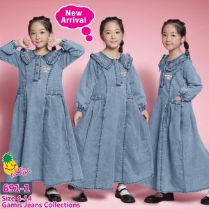 Little pineapple gamis dress jeans Amalie bordir anak 3-9Y