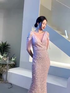 Korean Golden Black White Evening Prom Banquet Wedding Fishtail Dress Gown 26㏇X0407