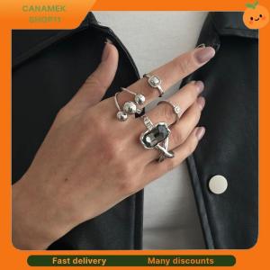 ❣️❣️❣️ 5Pcs Set Fashion Acrylic Rhinestone Open Rings For Women Vintage Geometric Square Adjustable Knuckle Ring Men Jewelry