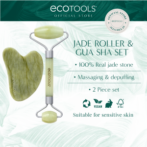 EcoTools 100% Real Jade Stone Facial Roller and Gua Sha Set (Skin Care Face Roller Sculpting Massager Tools)