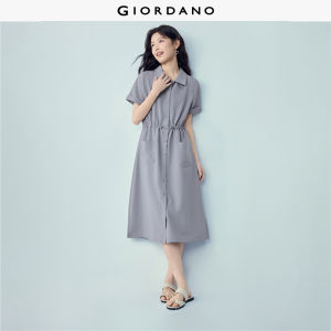 Giordano Women Dress Woven Lapel Fitted Waist Drawstring Midi Slight Stretch Free Shipping 05466087