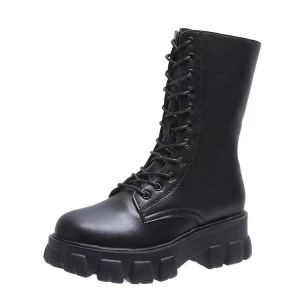 Falimottype)Size35-42 womens autumn leather lace up thick soled height increasing boots thick soled motorcycle boots