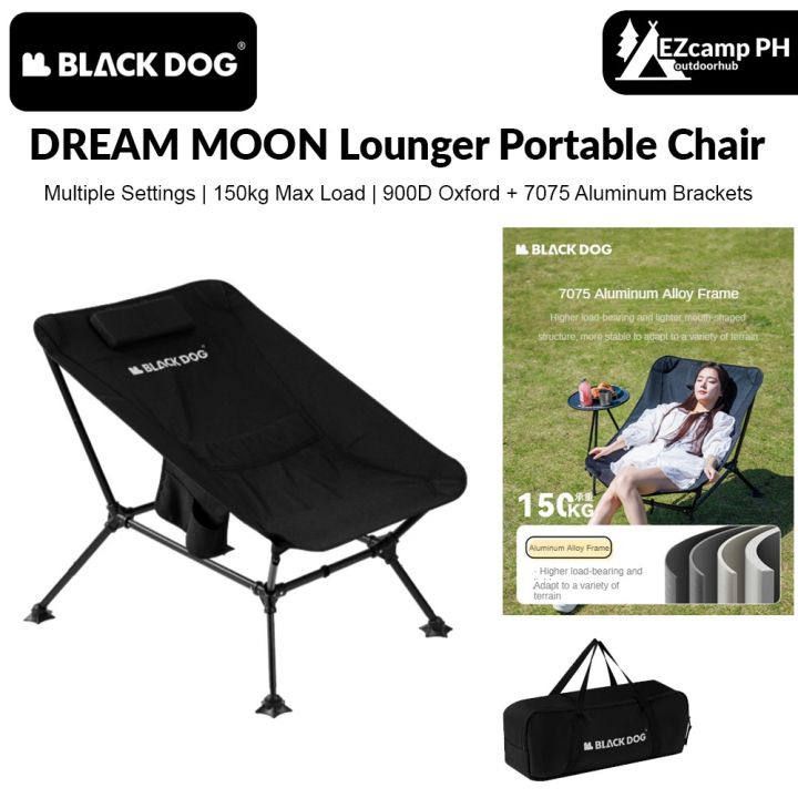 BLACKDOG DREAM MOON Black Lounger Portable Chair Outdoor Camping Ultralight Heavy Duty Reclining Relax Lounging Foldable Folding Chair 900D Oxford 7075 Aluminum up to 150kg Max Load Black Dog
