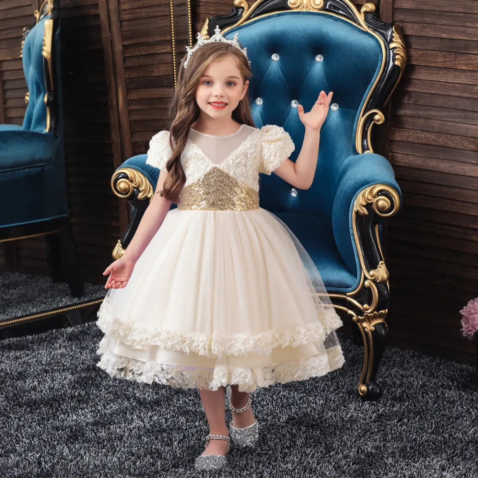Colors Gown for Baby Girls Dress Bow Birthday Party Sequins 3d