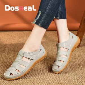 DOSREAL Flat Sandals For Women Leather Casual Gladiator Sandals Fashion Korean White Shoes Women Sandals Big Size 44 Hot Sale Flats Women Sandals