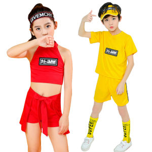 Lolanta หญิง Top + กางเกงขาสั้นชุดเสื้อผ้าเด็กฮิปฮอปเสื้อผ้าฤดูร้อนชุดเชียร์ลีดเดอร์ Stage Performance ชุดสีแดงสีเหลือง