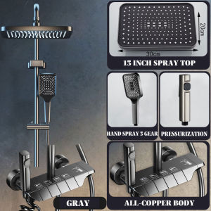 Elegant Brass Shower Set with LCD Display Adjustable Waterfall Rainfall & High-Pressure Water Spray