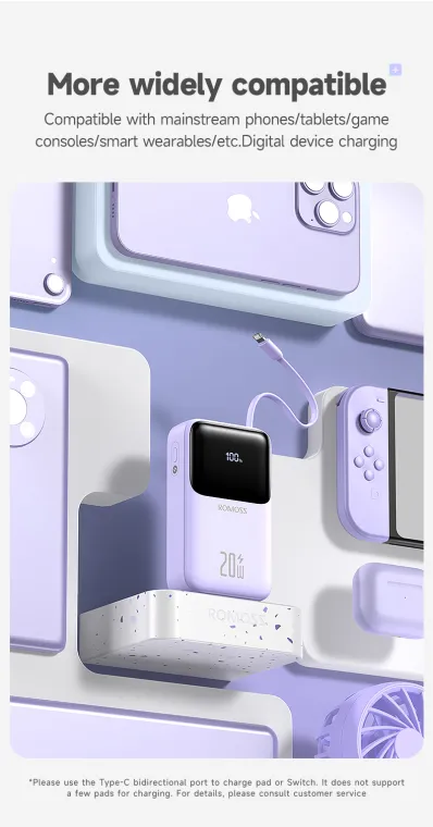 Romoss PFC20 20000mAh Powerbank 20W/22.5W QC3.0 Fast Charging with Built-in Cable 3 Output 2 Input LED Display Portable Power bank