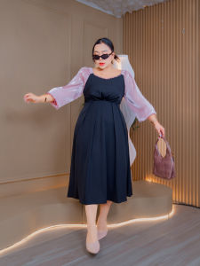 เดรสผู้หญิงหรูดูแพง เดรสแขนชีฟองเมทัลลิกสีม่วงสุดหรู