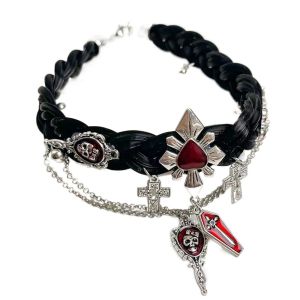 INGER Skeleton Halloween Skull Choker Red Corss Y2K Leather Necklace Punk Aesthetic Jewelry Tassel Beaded Necklace