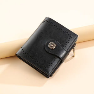 【Genuine Cowhide Leather】CHANPINCL Brand Womens Wallet New Fashion Short Zipper Female Tri-Fold Vertical Card Holder Original Genuine Leather Multi-Function Luxury Purse Anti-RFID Retro Ladies Buckle