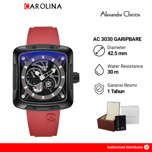 Jam Tangan Pria Alexandre Christie Automatic AC 3030 GARIPBARE Black Dial Red Rubber FKM Strap