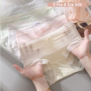 A4QUT 5PCS โบว์ กางเกงในผ้าไหมน้ำแข็ง ขอบเอวกลาง ไร้รอยต่อ ชุดชั้นในสำหรับผู้หญิง ระบายอากาศได้ กางเกงใน บราเซียลตาข่ายโปร่งใส ผู้หญิง