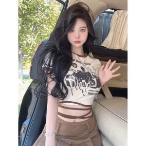 Áo Croptop Ôm Body Ngắn Tay Khoét Lưng Siêu Tôn Dáng H30 / Áo Thun Nữ In Hoạ Tiết Phối Dây Eo (Video + hình thật)