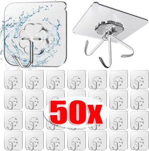 50ชิ้น ตะขอแขวนผนังแบบใสเหนียวแน่น / ตะขอแบบไม่มีตะปูสำหรับเก็บของในครัวและห้องน้ำ / ตะขอแขวนผนังประตูแบบมีกาวในตัว / ตะขอติดผนังแบบไม่มีรูกันน้ำพร้อมกาวในตัว