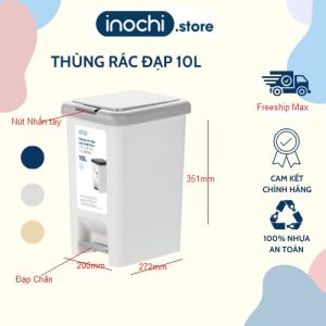 [Mega] Thùng rác đạp chữ nhật Hiro inochi 10L (có kèm ruột) Nhựa PP cao cấp thùng rác gia đình có phủ lớp ion Ag+ kháng khuẩn [ inochi.stores ]