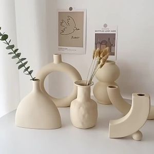 Plain Ceramic Vase Ornament Niche High-End Feel Living Room Flower Arrangement TV Cabinet Decoration Ins Nordic Dried Flower Vase White Ceramic Home Ornament Flower Arrangemen