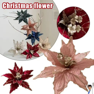 Christmas Glitter Flowers Tree Decor 26cm Poinsettia Artificial Flower Holiday Wedding Home Decoration