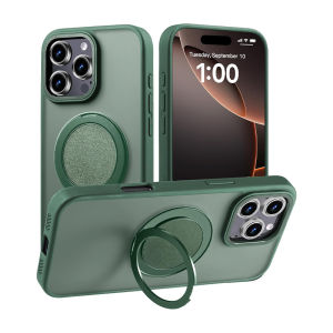 เคสโทรศัพท์ขาตั้งแม่เหล็กหมุนได้360 ° สำหรับ iPhone 17 Air 16 15 14 13 12 11 Pro Max Plus สำหรับ MagSafe Matte ที่คลุมโปร่งแสงสีด้านพร้อมที่วางโทรศัพท์สำหรับ iPhone 17 Pro Max เคสกันกระแทกทหารกันกระแทก