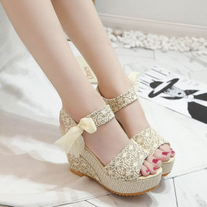 [Free Shipping] Summer New Fashion Wedge Heel Peep-Toe WomenS Sandals Korean Style High-Heeled Sandals With Laces Waterproof Platform Thick-Soled Sandals
