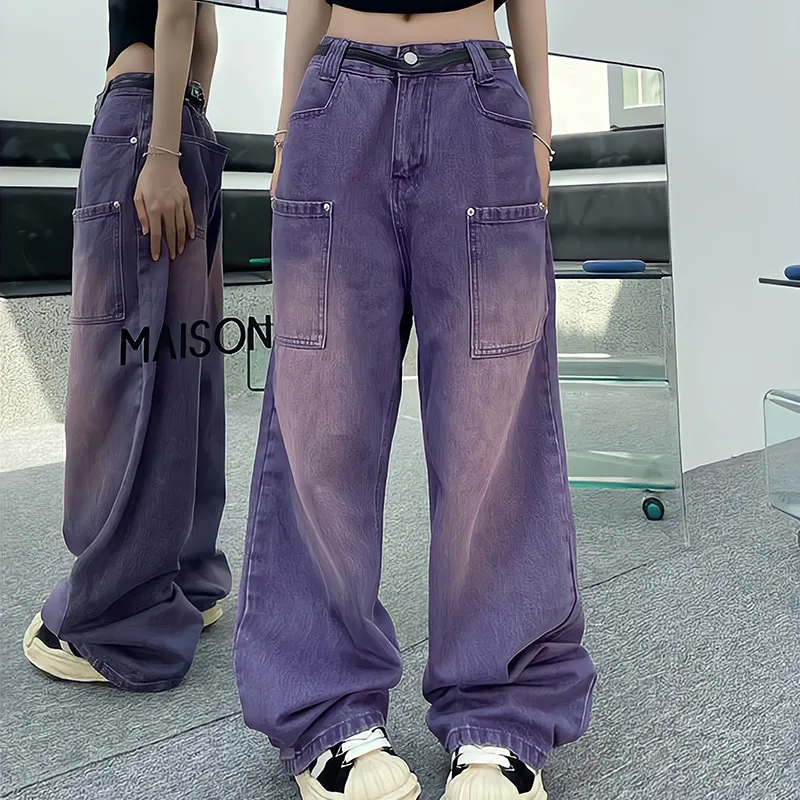 Purple Baggy Jeans Women Boyfriend Style High Waist Gradient Color