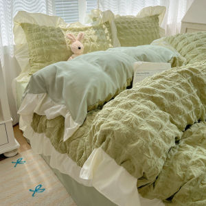 Dream Nest Princess Style Ruffled Bubble Gauze Washed Cotton Bed Sheet Four-Piece Set Bed Sheet Duvet Cover Dormitory Bed Skirt Three-Piece Set LZD