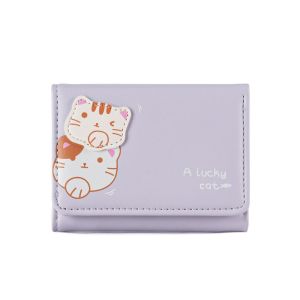 CRNGW Korean Style Cartoon Cat Short Wallet Multi-card Slot Solid Color Cute Card Bag Portable PU Leather Coin Purse Women