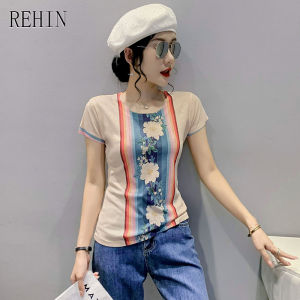 REHIN Womens top 2022 summer new fashion unique print short-sleeved T-shirt bottoming shirt slim fit blouse S-3XL
