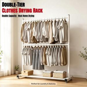 Double Pole Clothes Hanging Rack | Heavy Duty Steel Pipe Laundry Rack | Clothes Drying Stand