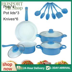 【HPS】 12Pcs Non Stick Cookware Set Cooking Pot with Lid Deep Frying Pan Milk Pot Maifan Stone Frying Pan for All Hob