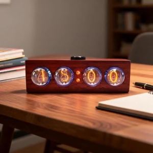 FFBH Glow Tube Desk Clocks Hourly Chime Wooden Digital Alarm Table Clocks Vintage Desktop Ornaments Home Decoration Accessories B3K9H