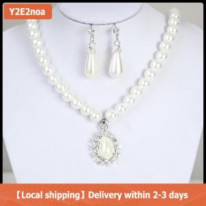 【Local shipping】 Elegant Pearl Crystal Drop Earrings Chain Necklace Wedding Party Jewelry Set